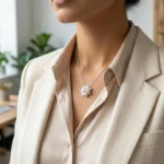 A close-up shot of a silver-plated lotus flower pendant featuring intricate, brushed-metal petals layered around a single, luminous white pearl, displayed on a soft cream jewelry cushion.