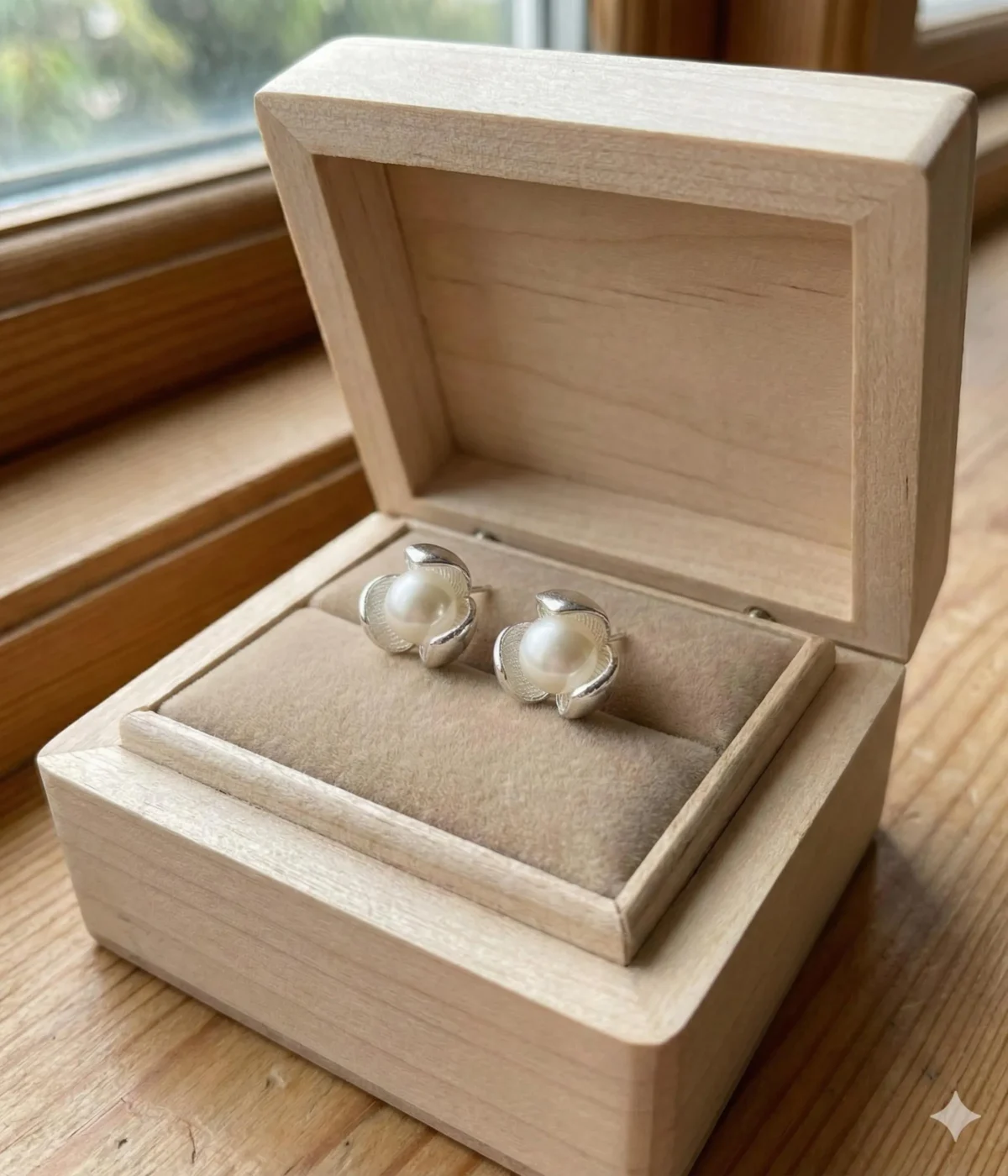 A pair of silver-plated stud earrings featuring a lustrous white pearl centered within a three-petal lotus blossom design, finished with a contemporary brushed matte texture.