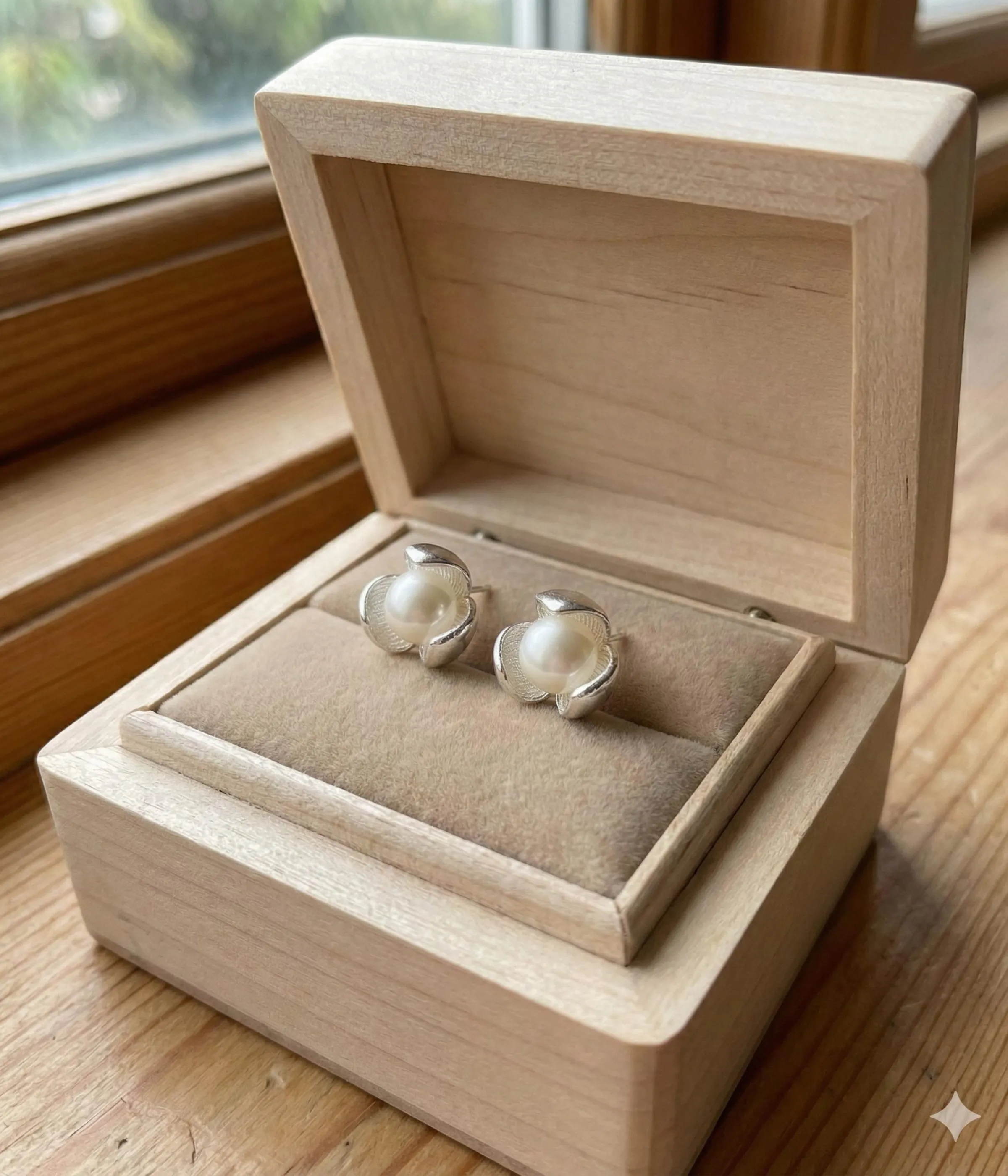 A pair of silver-plated stud earrings featuring a lustrous white pearl centered within a three-petal lotus blossom design, finished with a contemporary brushed matte texture.