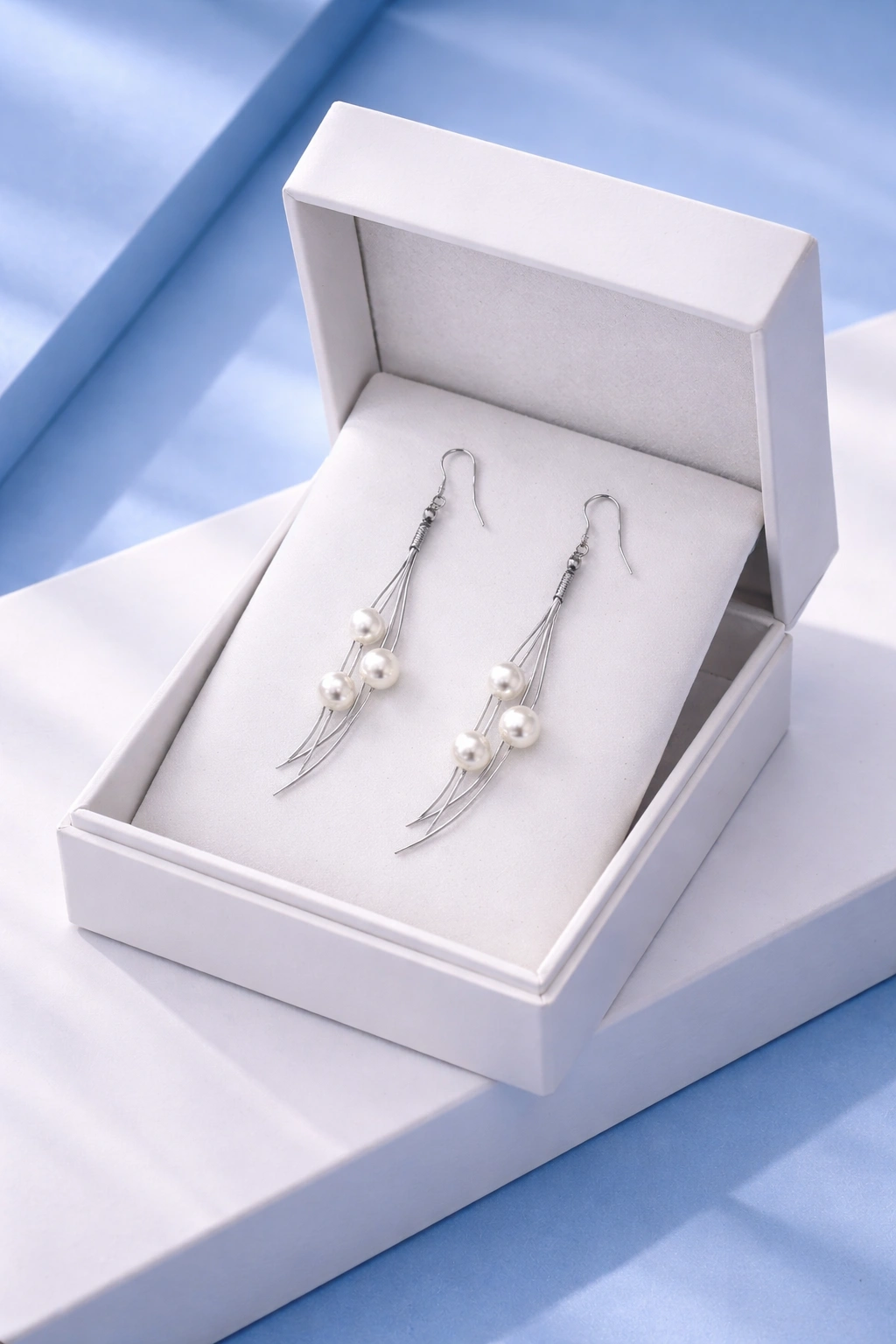 Lightweight Silver Triple Pearl Drop Earrings (A-84)