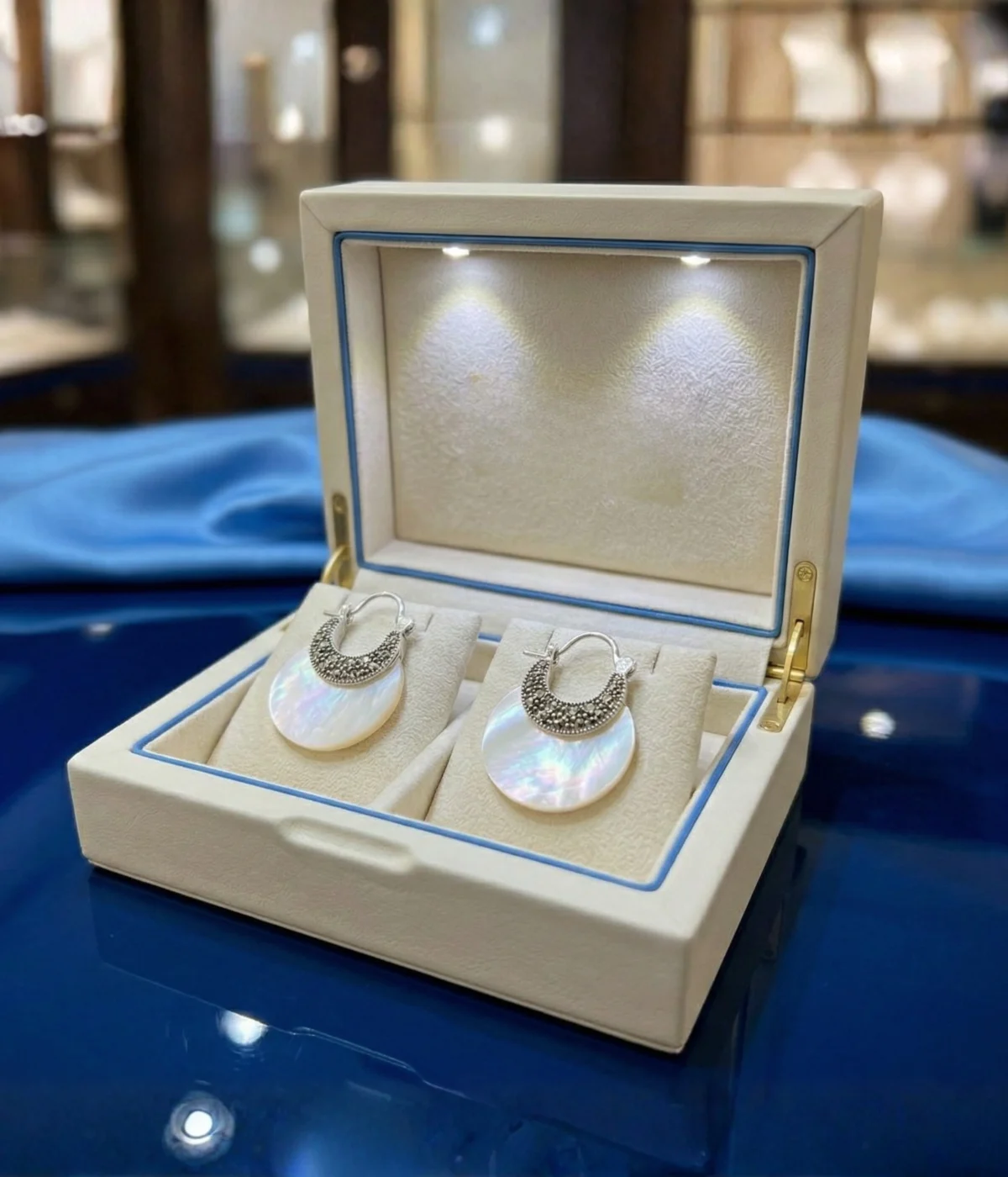 Pearl Crescent 925 Sterling Silver Mother of Pearl Marcasite Earrings (A-41)