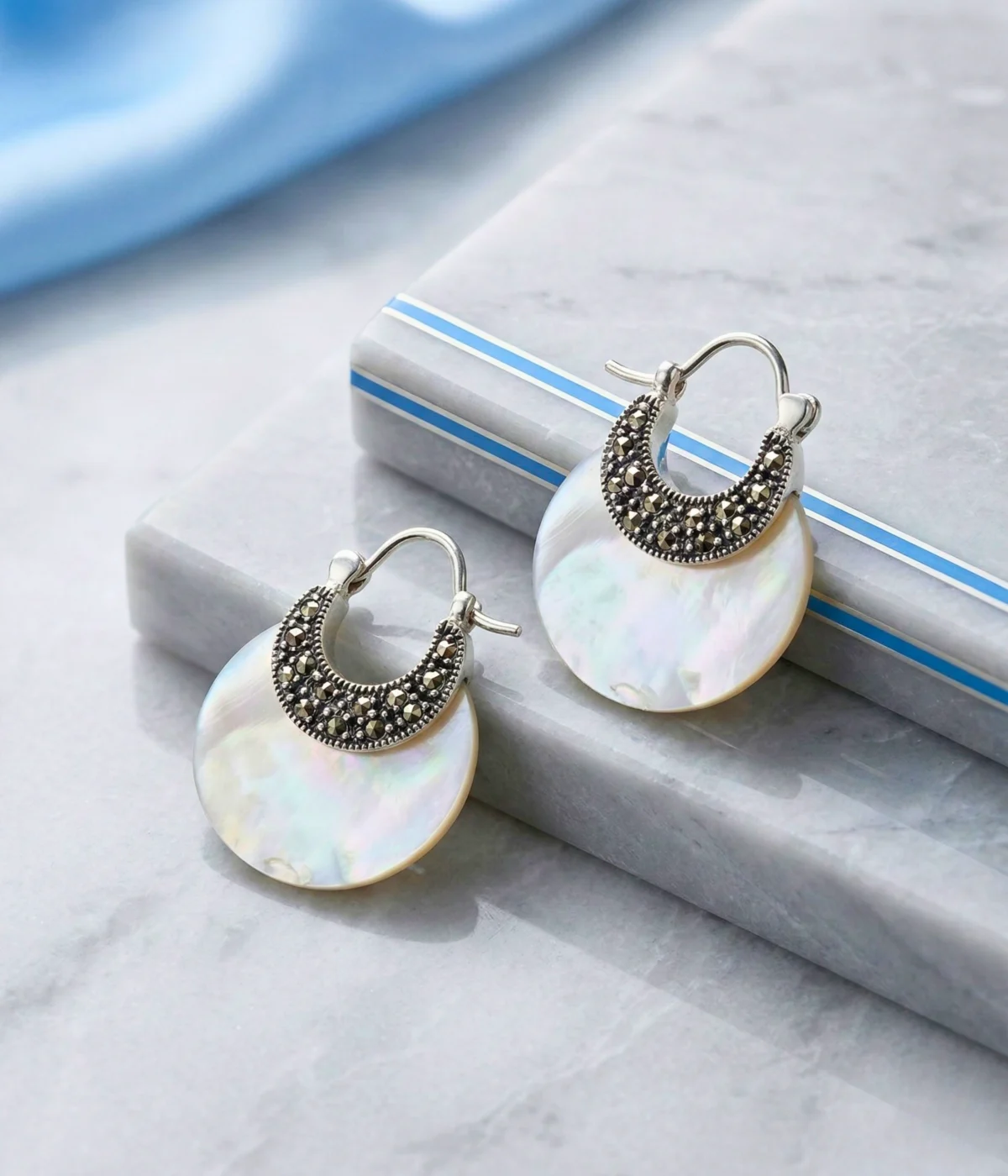 Pearl Crescent 925 Sterling Silver Mother of Pearl Marcasite Earrings (A-41)