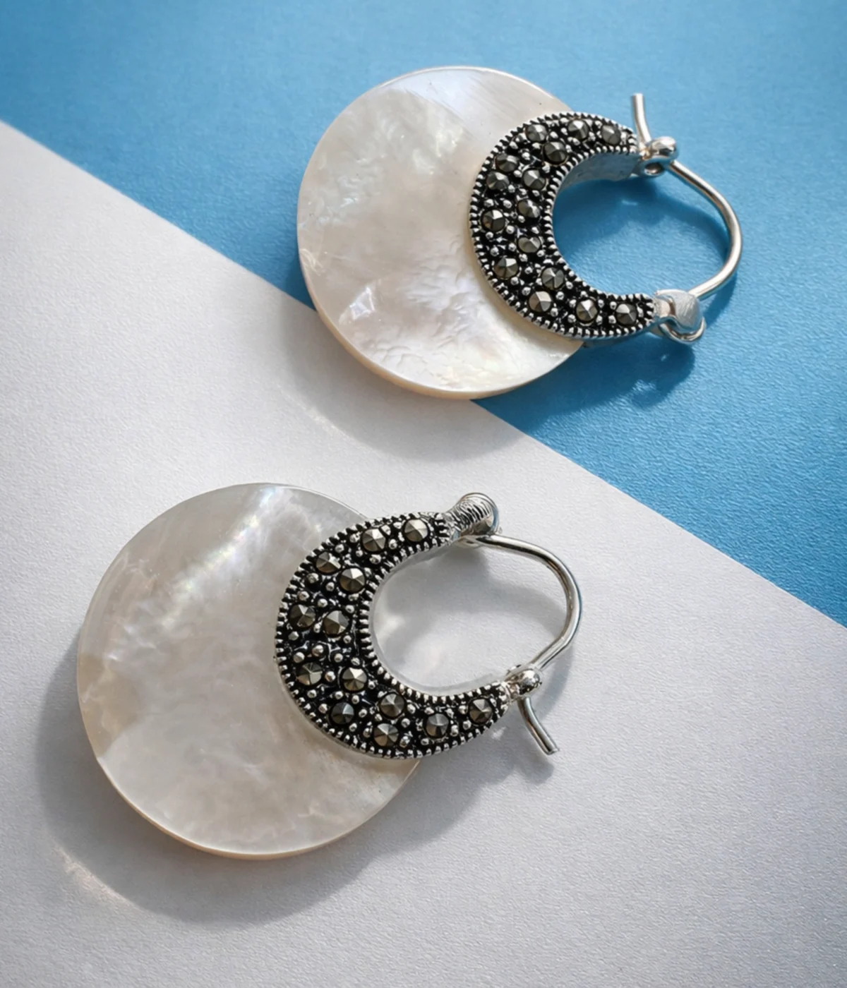 Pearl Crescent 925 Sterling Silver Mother of Pearl Marcasite Earrings (A-41)