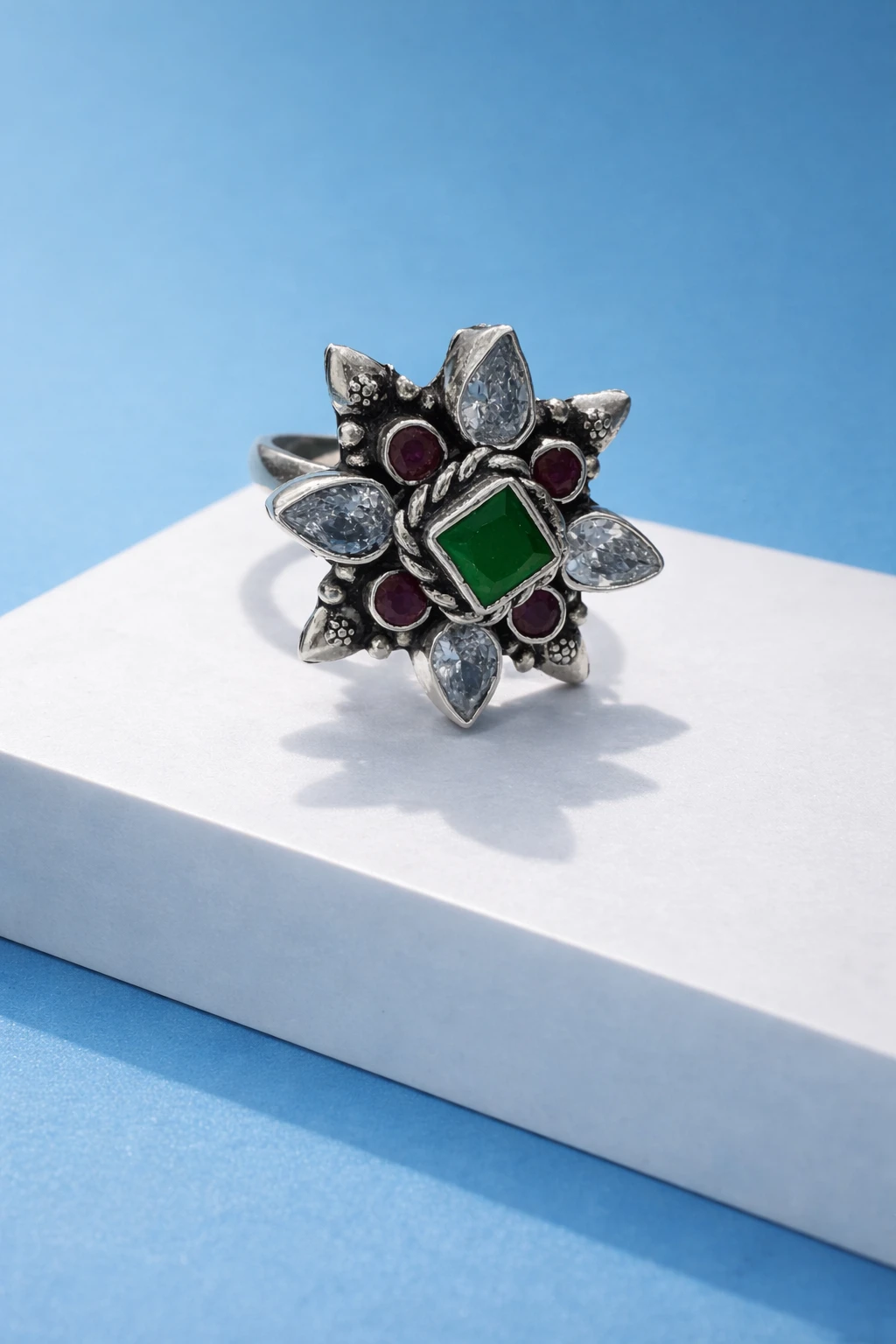 Silver Green Stone Floral Ring (A-78)