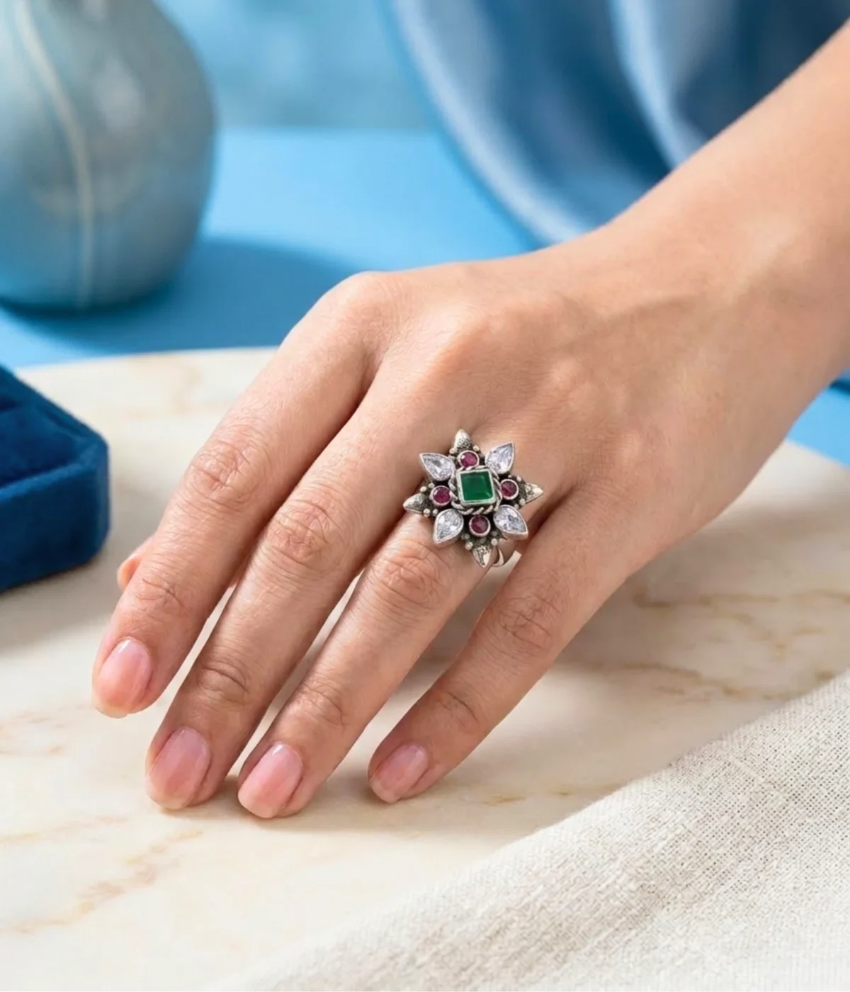 Silver Green Stone Floral Ring (A-78)