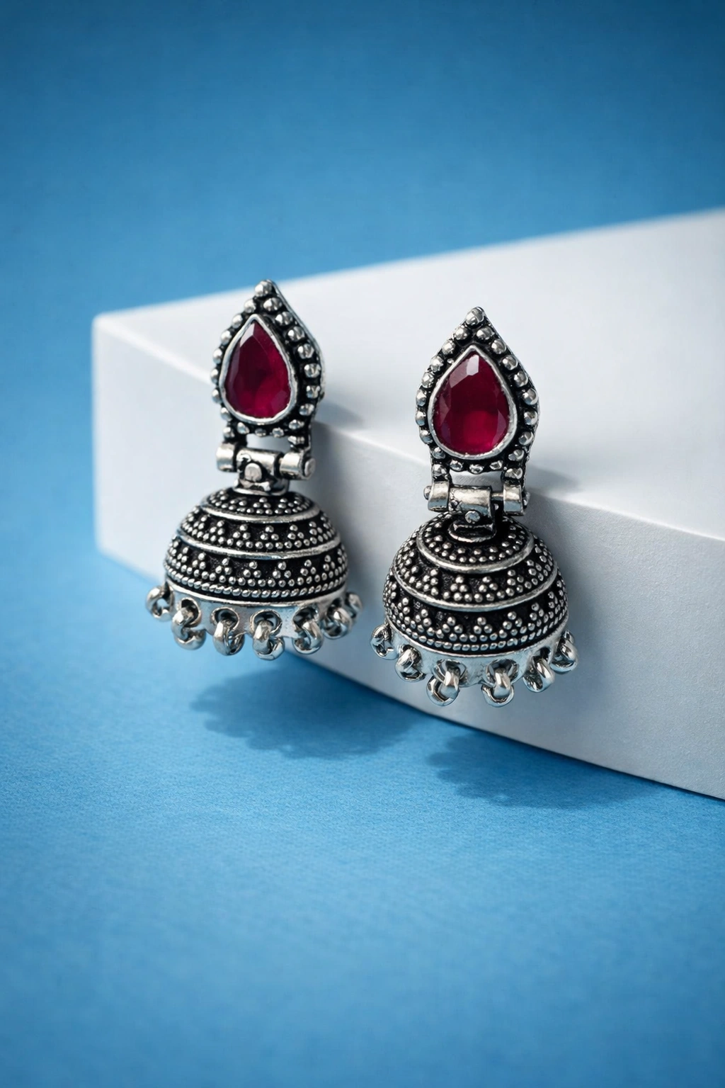 Silver Teardrop Stone Jhumka Earrings (A-195)