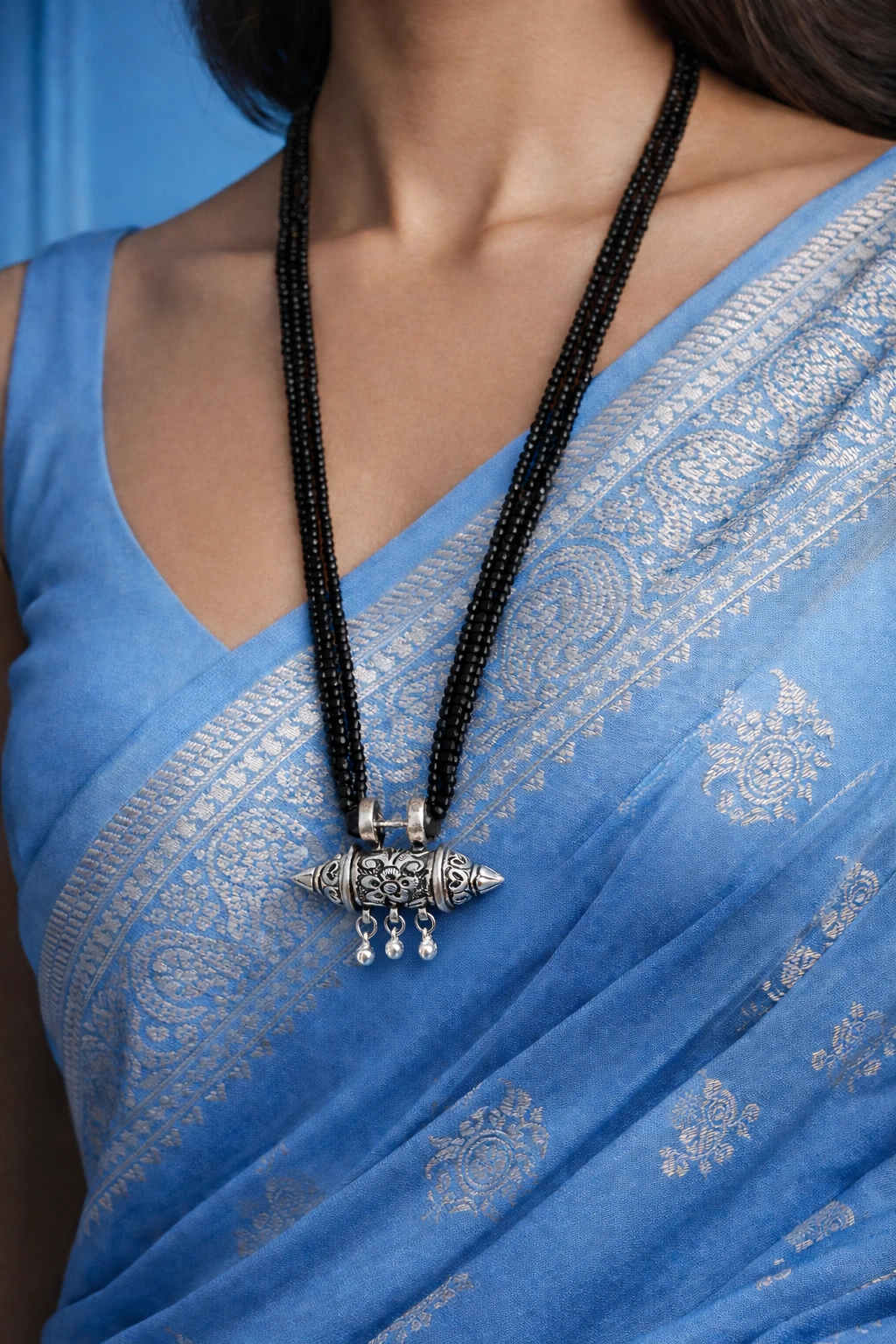 Silver Tribal Black Spinel Long Necklace (A-101)