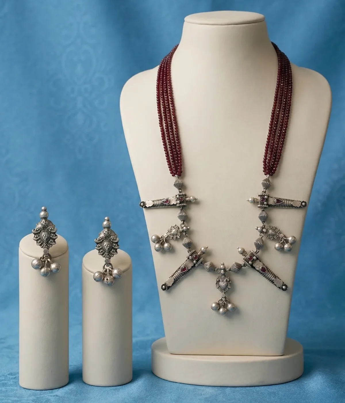 Silver Tribal Garnet Necklace and Earrings Set (A-73)