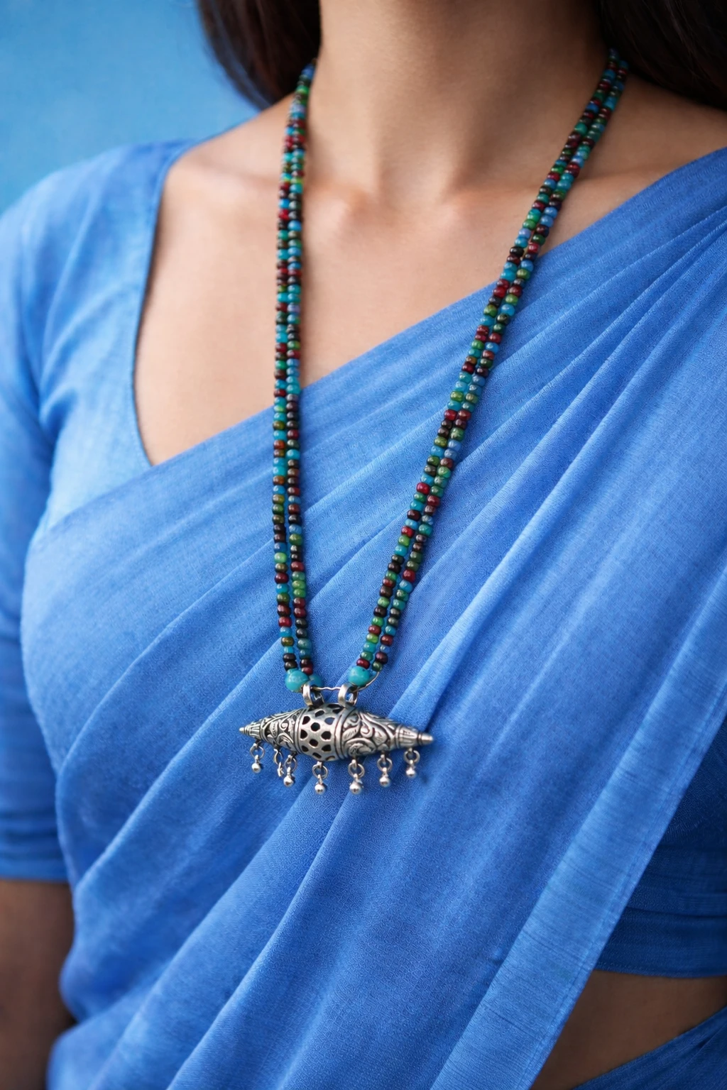 Silver Tribal Multi Gemstone Pendant Necklace (A-103)