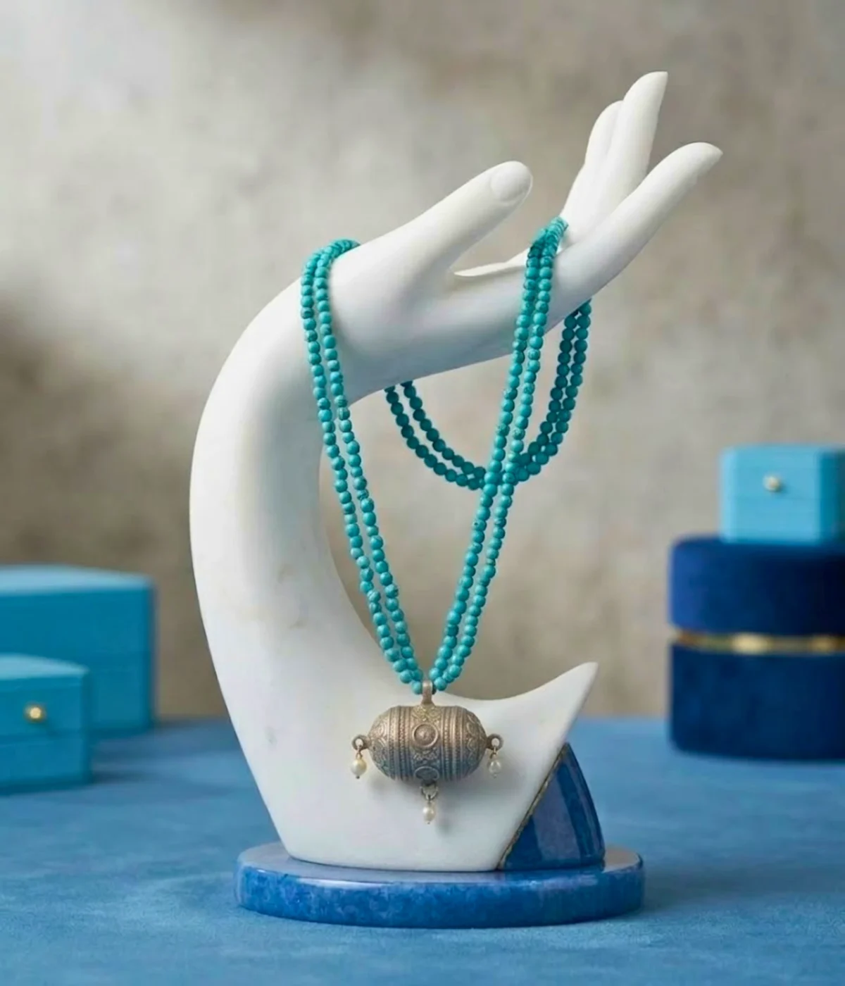 Silver Turquoise Beaded Necklace with Tribal Pendant (A-107)