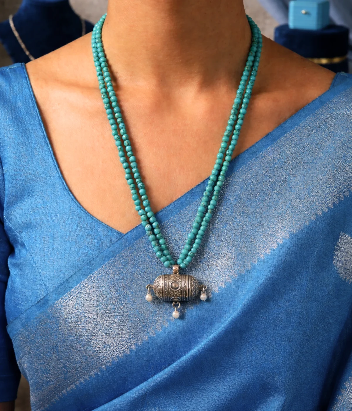 Silver Turquoise Beaded Necklace with Tribal Pendant (A-107)