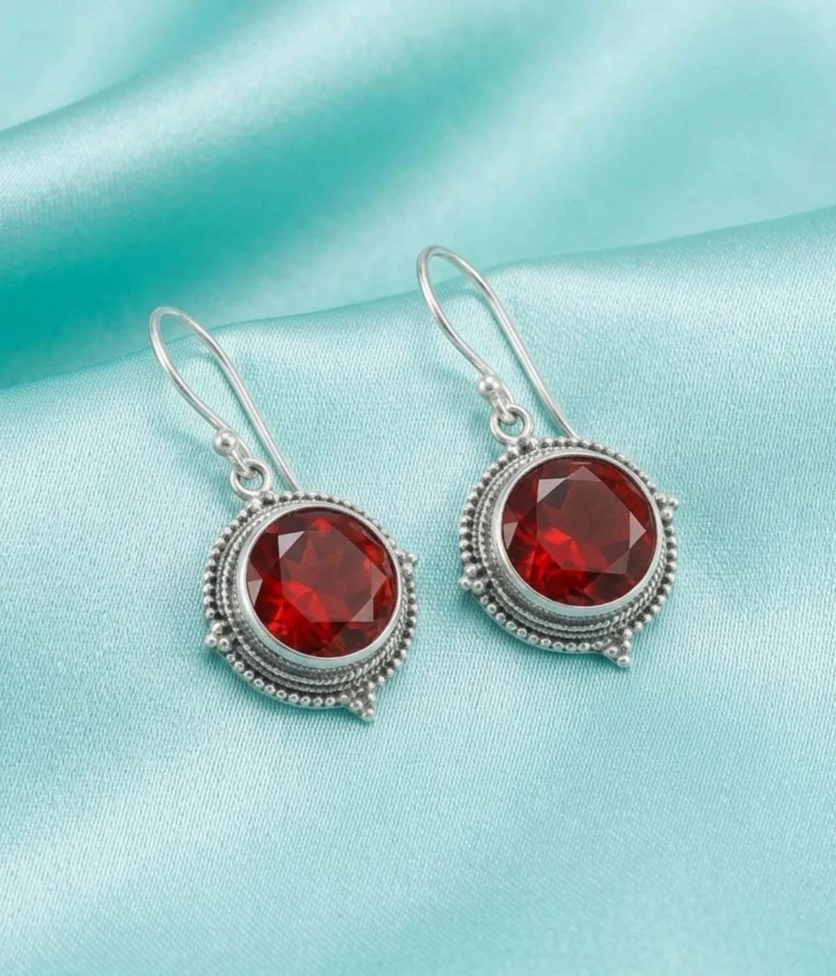 925 sterling silver vintage drop earrings with round red garnet stone and beaded halo design, lightweight 2.2 gm hook style.
