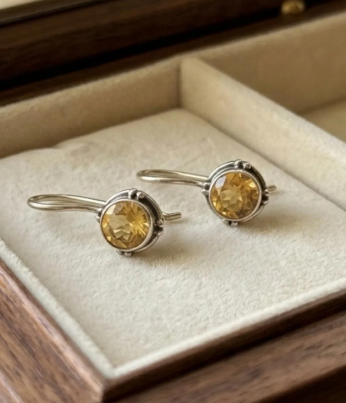 Lightweight 925 sterling silver citrine drop earrings featuring round golden gemstone in vintage bezel design