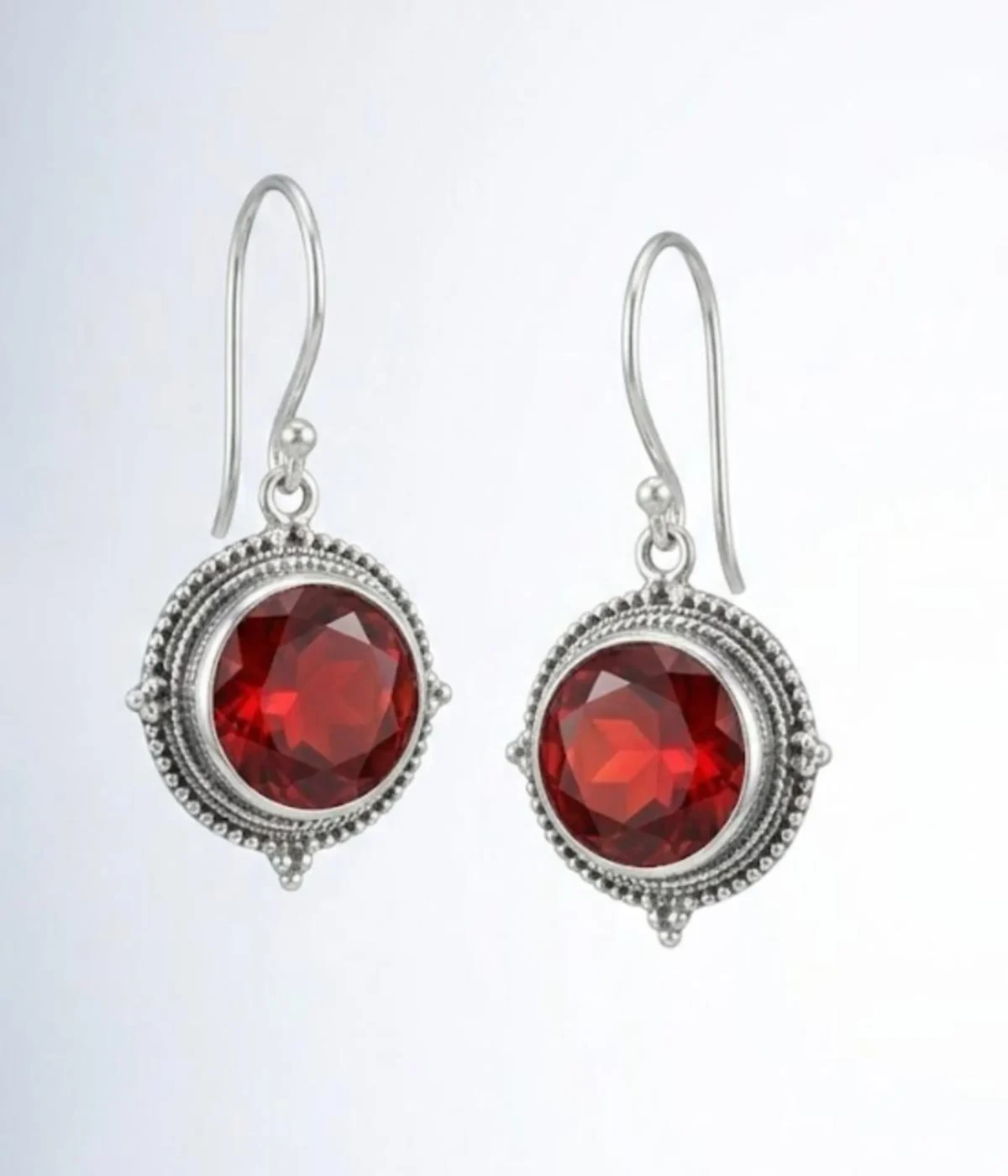 925 sterling silver vintage drop earrings with round red garnet stone and beaded halo design, lightweight 2.2 gm hook style.