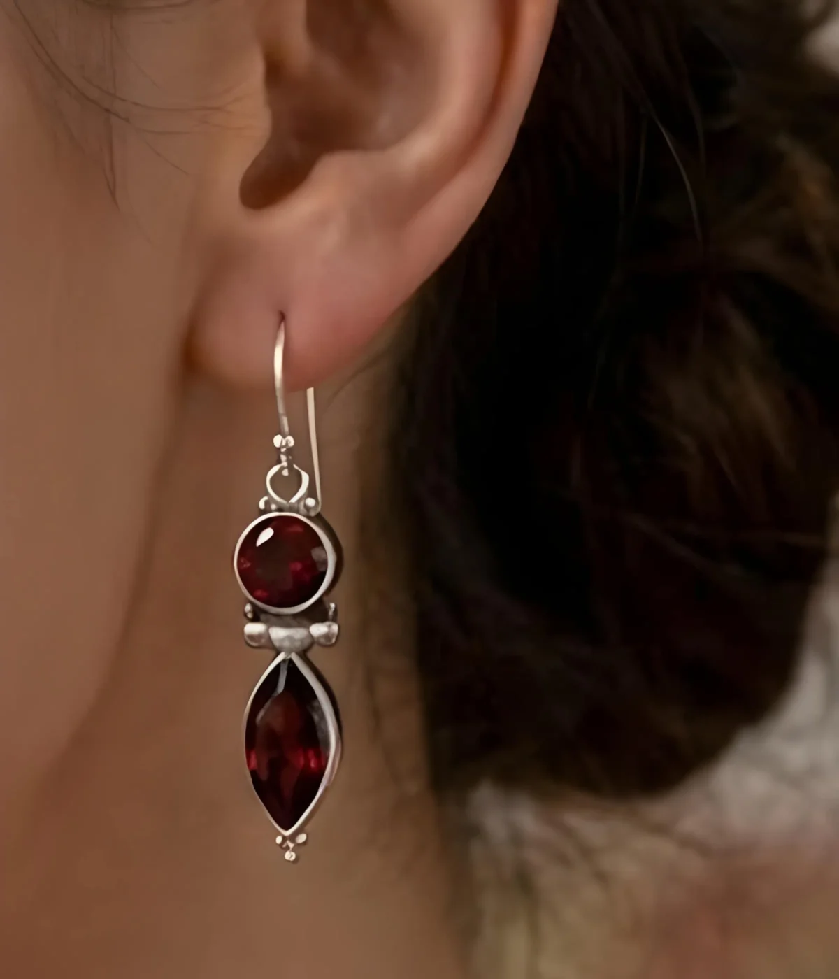 925 sterling silver drop earrings with deep red garnet stones in round and marquise cuts, elegant dangle design for women.