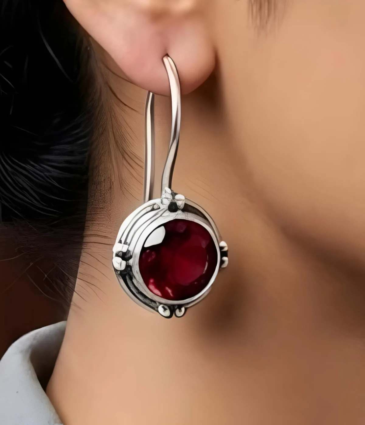 925 sterling silver vintage drop earrings with round red garnet stone and beaded halo design, lightweight 2.2 gm hook style.