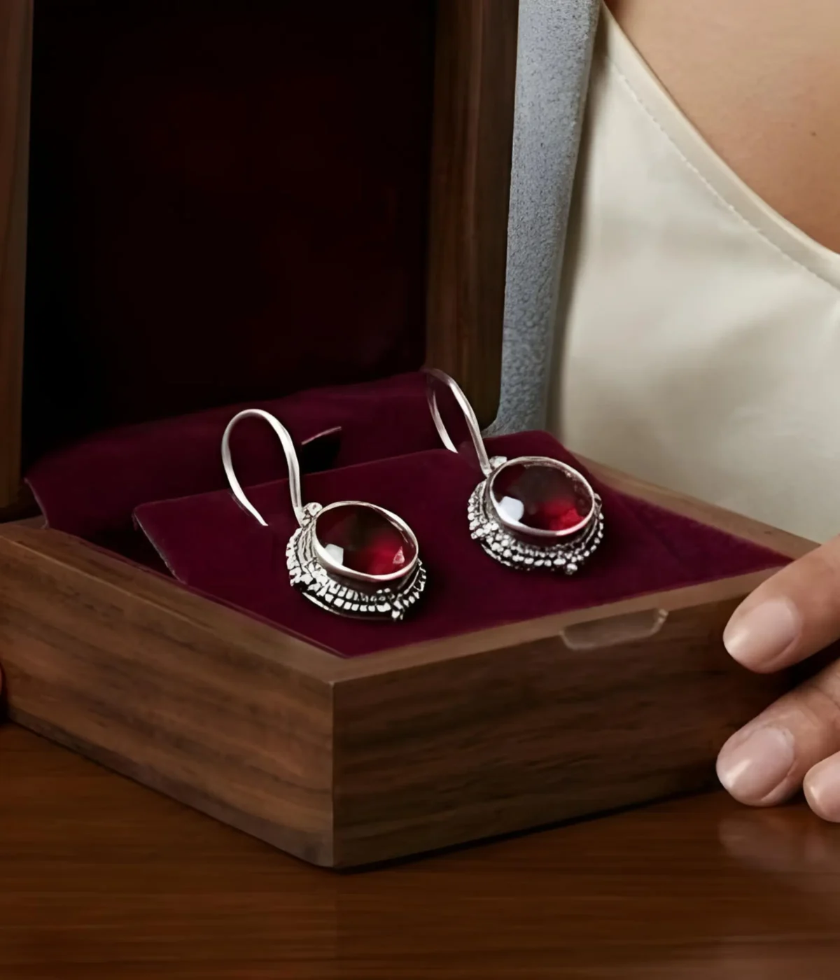 925 sterling silver vintage drop earrings with round red garnet stone and beaded halo design, lightweight 2.2 gm hook style.