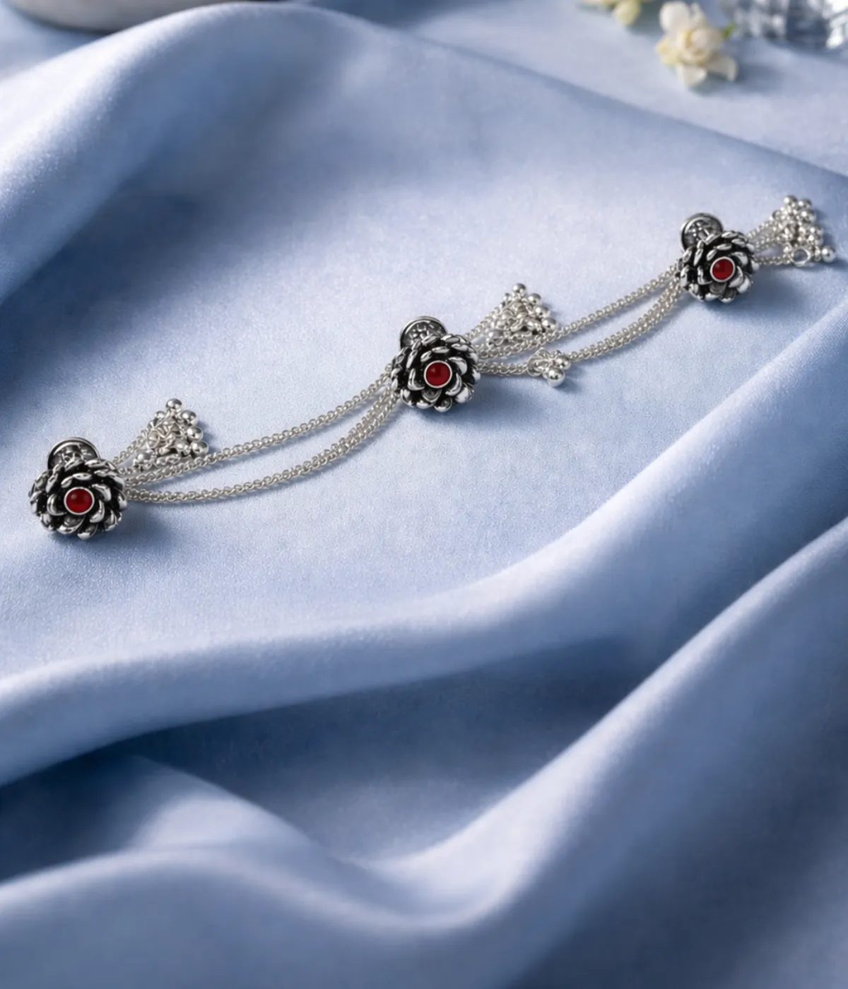 Antique Oxidised Silver Floral Kurta Button with Red Stone Chain Tassel (A-902)