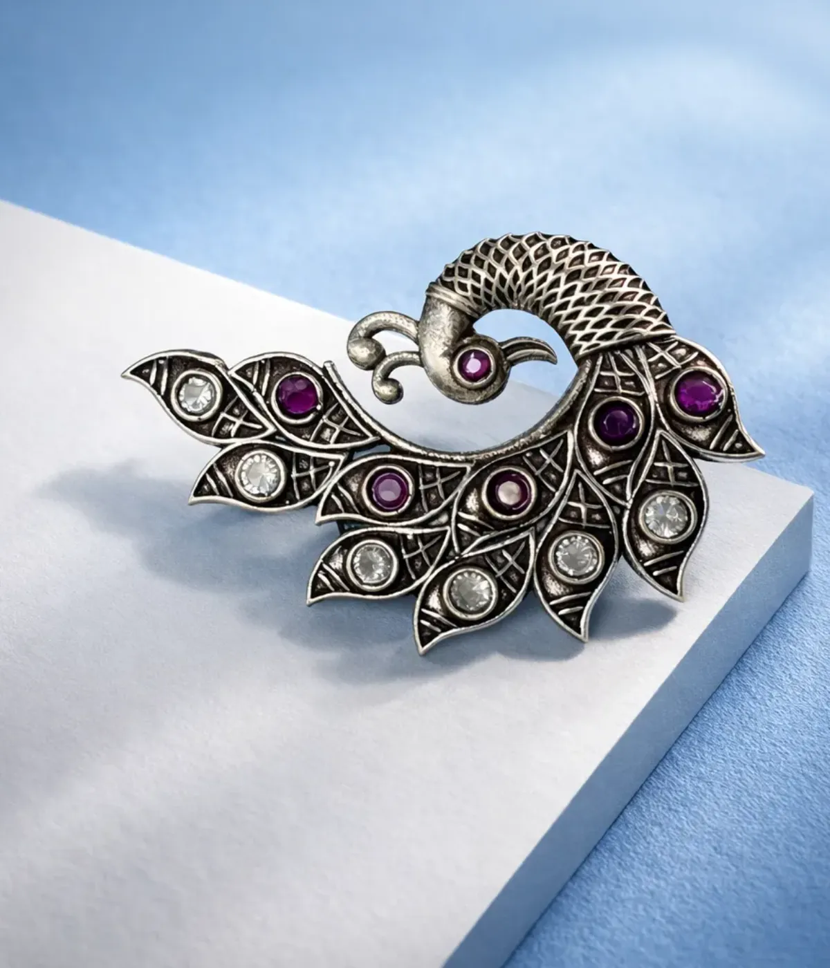 Antique Peacock Oxidised Silver Brooch Pin with Stone Detailing (A-901)