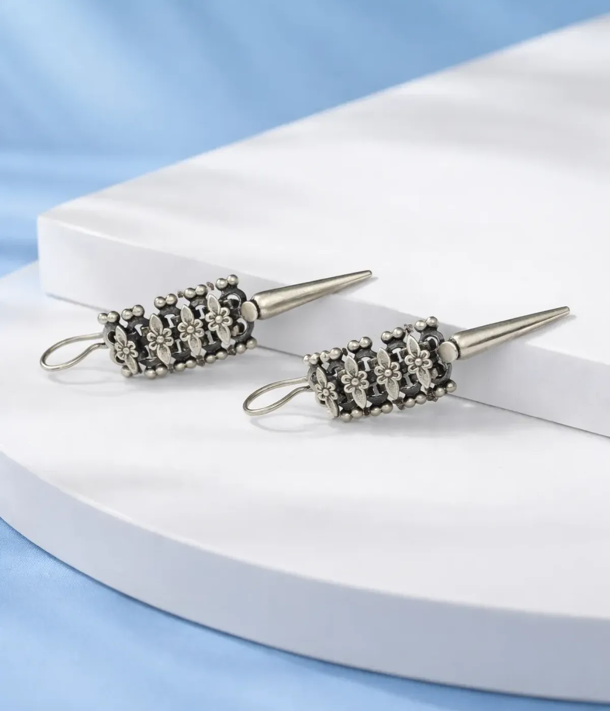Designer Oxidised Silver Long Drop Earrings with Floral Engraved Spike Style (A-97)