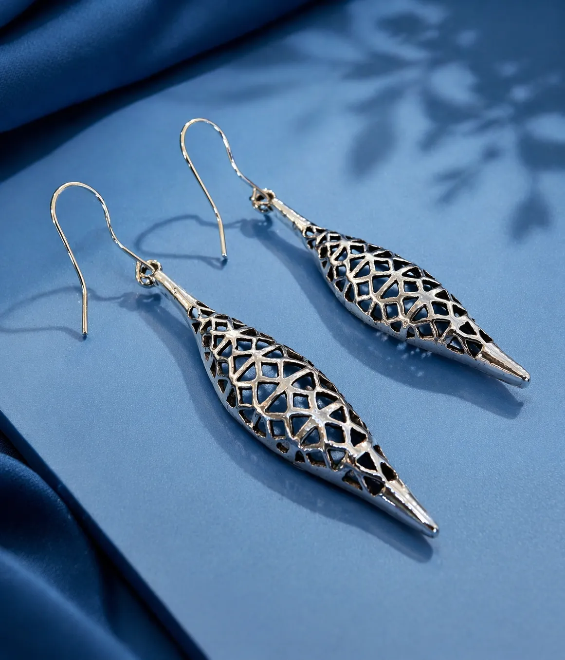 Elegant Oxidised Silver Long Drop Earrings with Intricate Lattice Design (A-164)