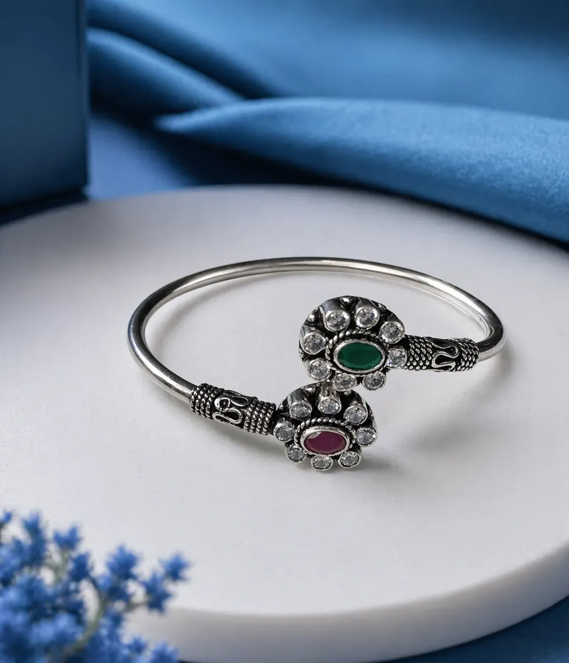 Ethnic Silver Gemstone Open Cuff Bangle/Bracelet for Women (A-145)