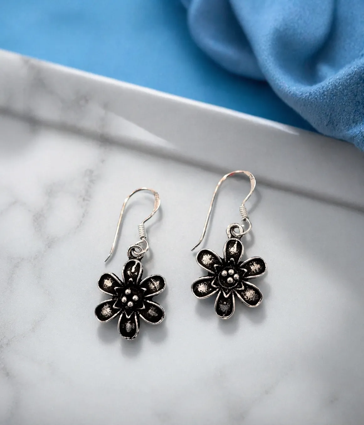 Minimalist Silver Floral Hook Earrings with Vintage Oxidized Finish (A-219)