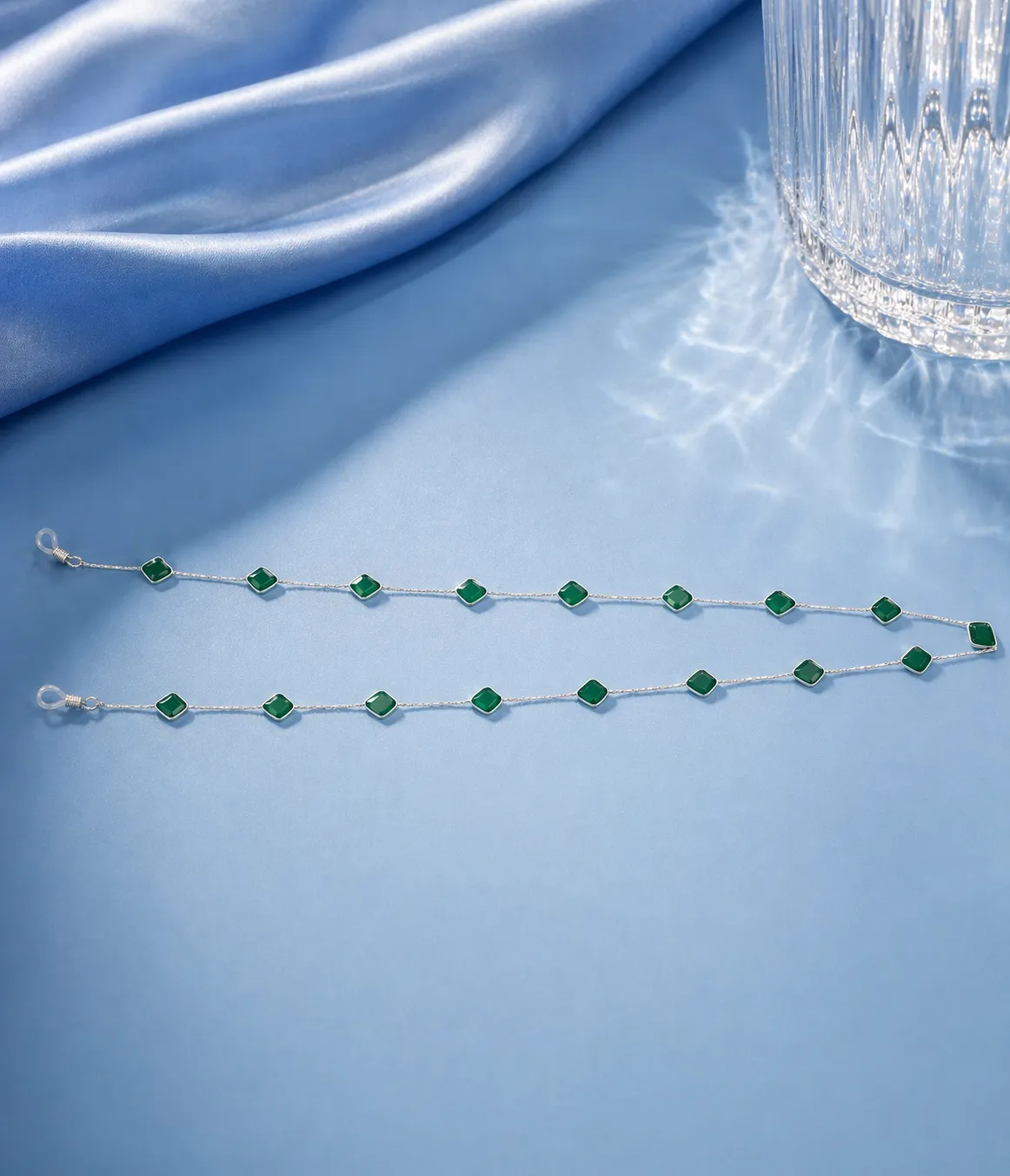 Silver Spectacle Chain with Green Onyx Stones (A-31)