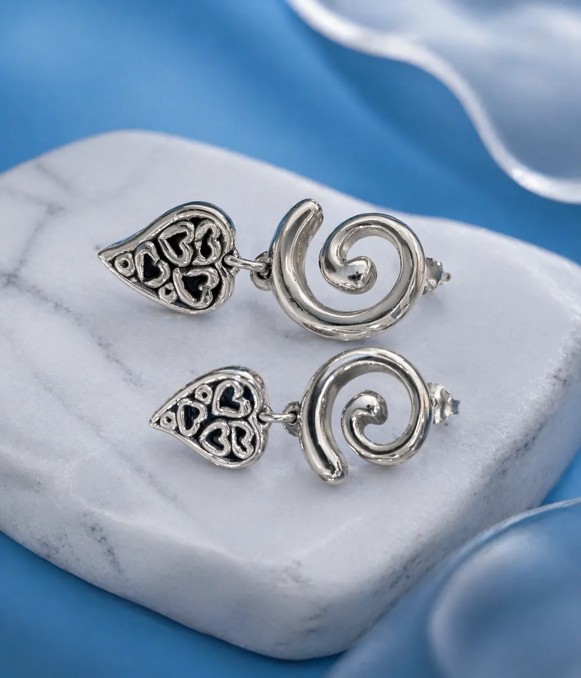 Silver Spiral Heart Drop Earrings (A-116)
