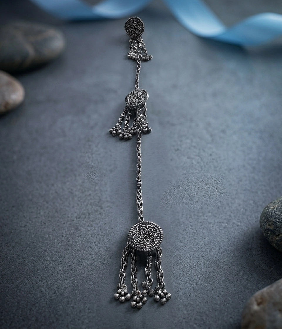 Traditional Ethnic Oxidised Silver Kurta Buttons Chain with Intricate Engraved Design (A-231)