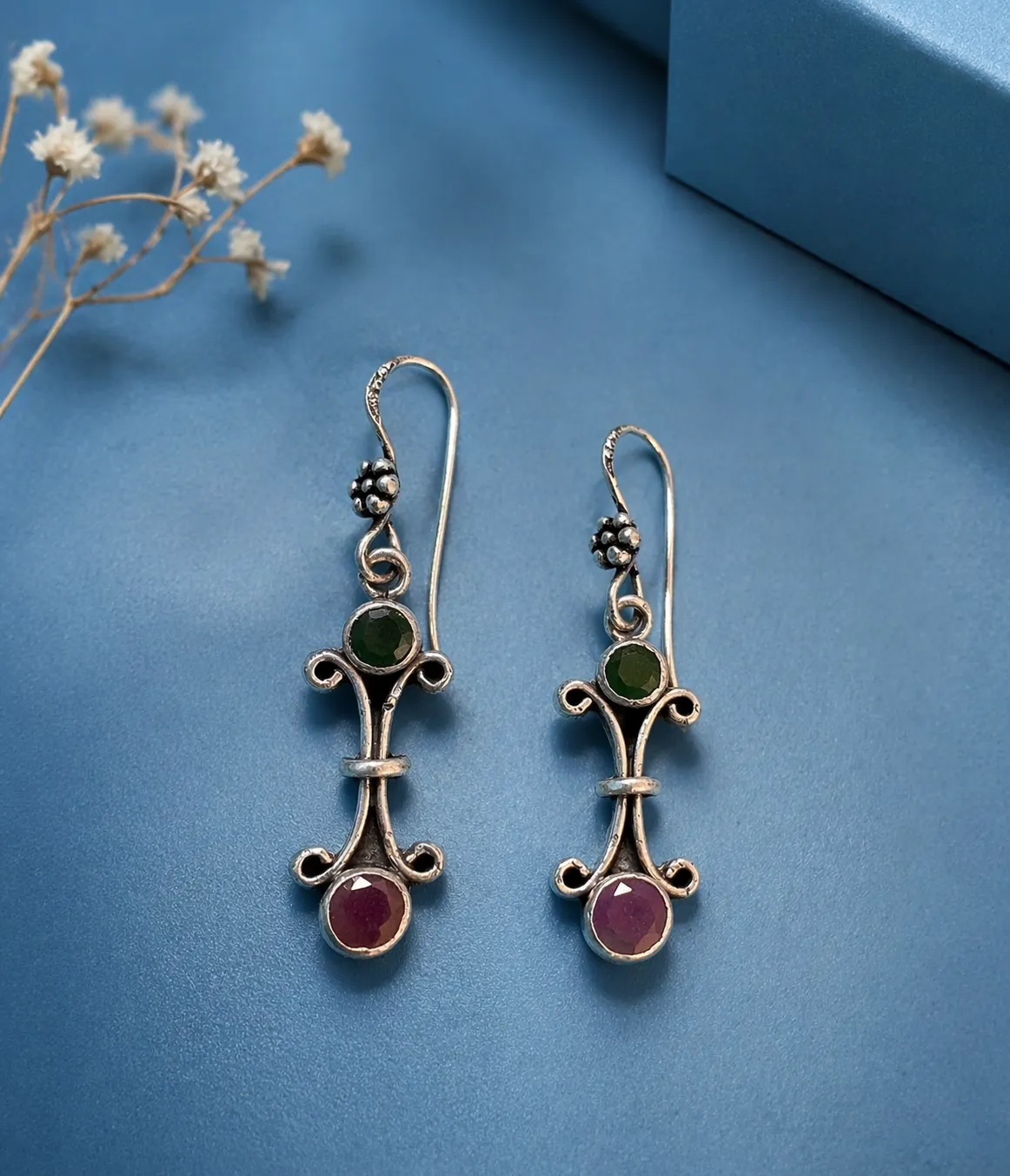 Traditional Oxidised Silver Dual Gemstone Long Drop Earrings (A-117)