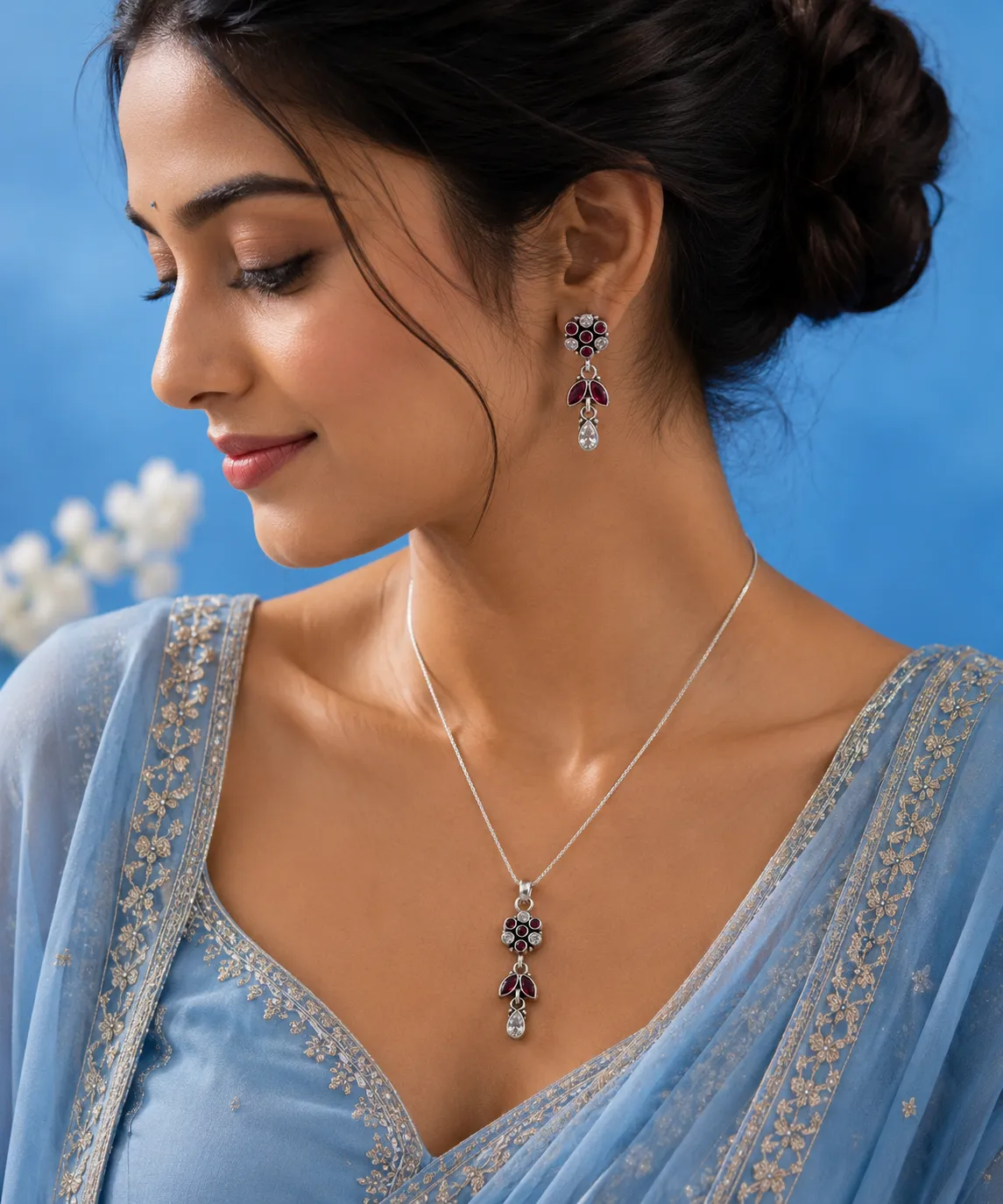 925 Sterling Silver Floral Pendant and Earrings Jewelry Set (A-77)