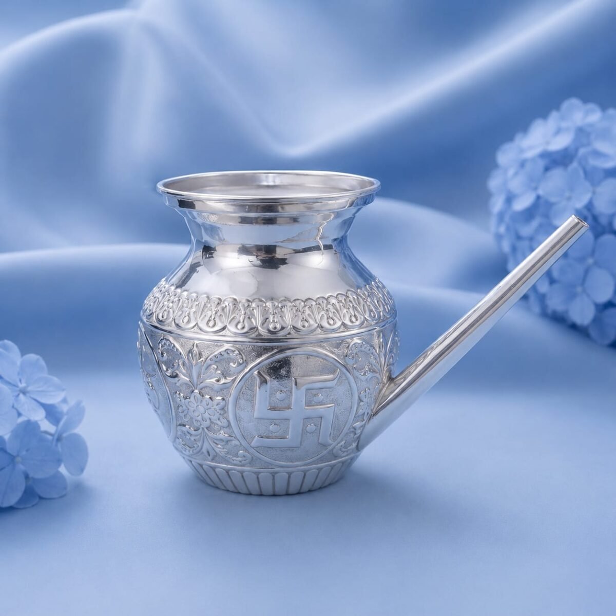 Silver Jal Patra with Lid featuring traditional engraved design for pooja rituals