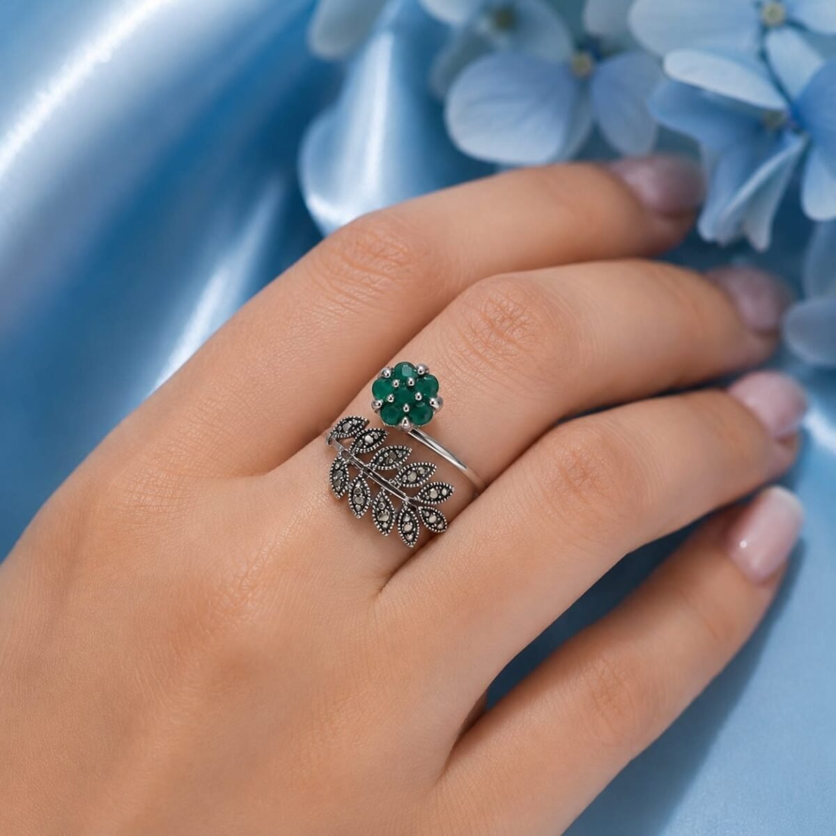Emerald Green Floral Ring with elegant floral design