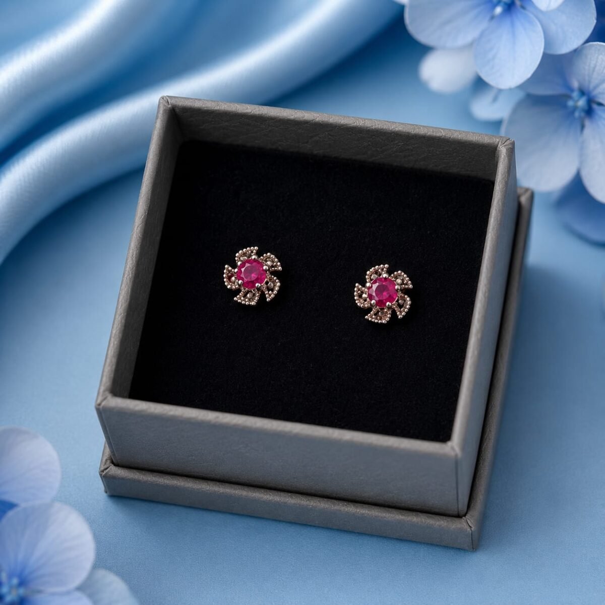 Stunning Ruby Floral Stud Earrings | Elegant Designer Earrings for Women (A-227) - Image 3