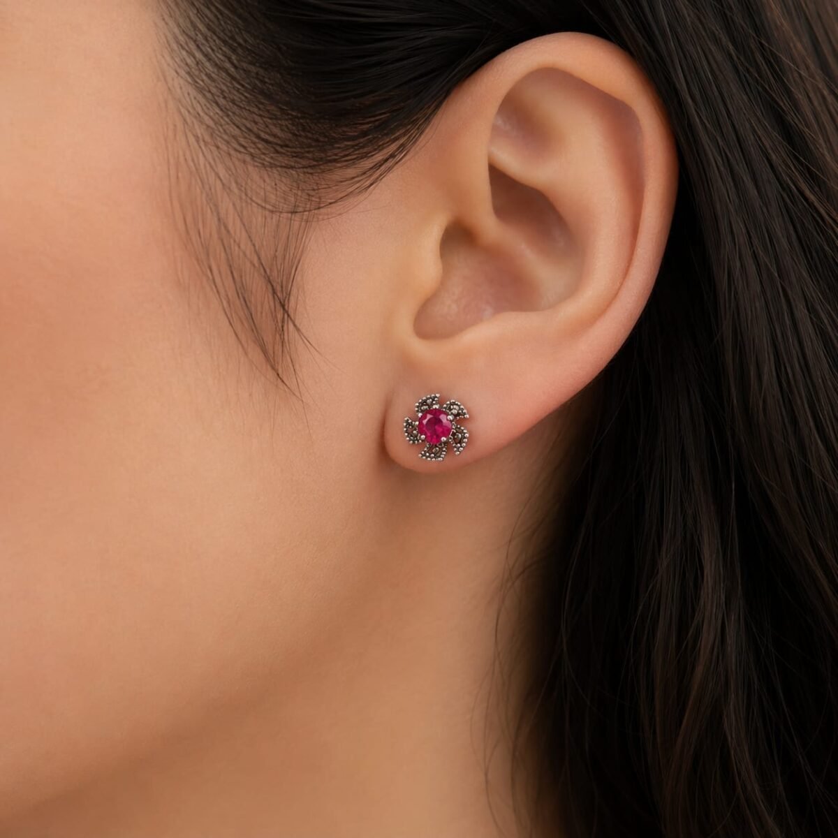 Stunning Ruby Floral Stud Earrings | Elegant Designer Earrings for Women (A-227) - Image 2