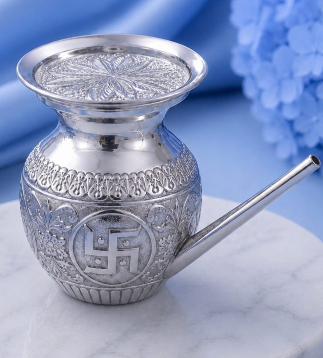 Silver Jal Patra with Lid featuring traditional engraved design for pooja rituals