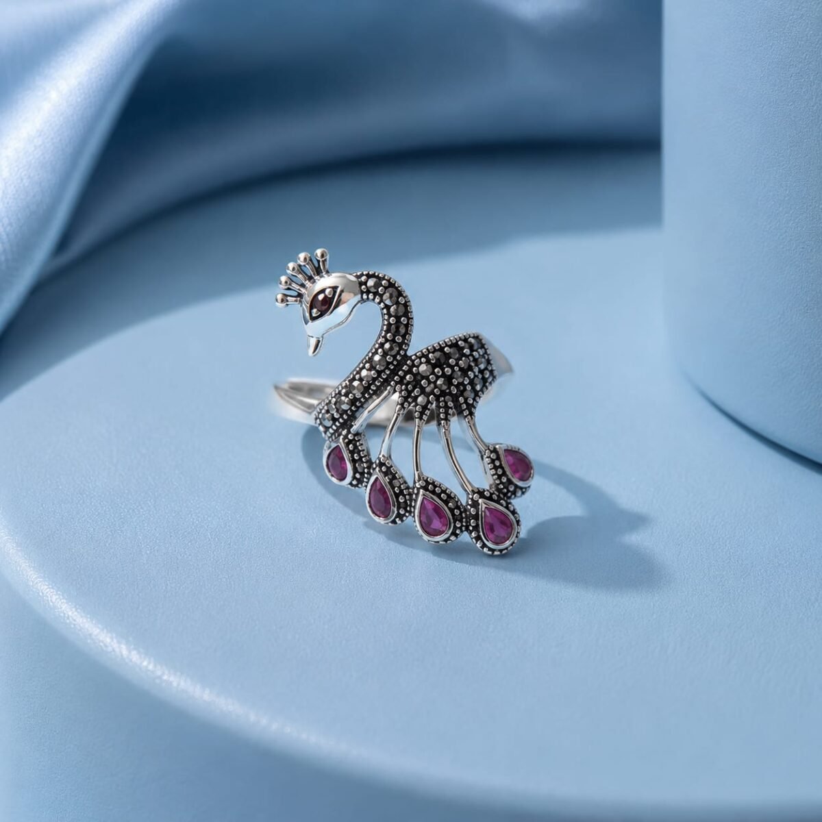 Elegant Marcasite Peacock Ring with Ruby Stone - Image 2