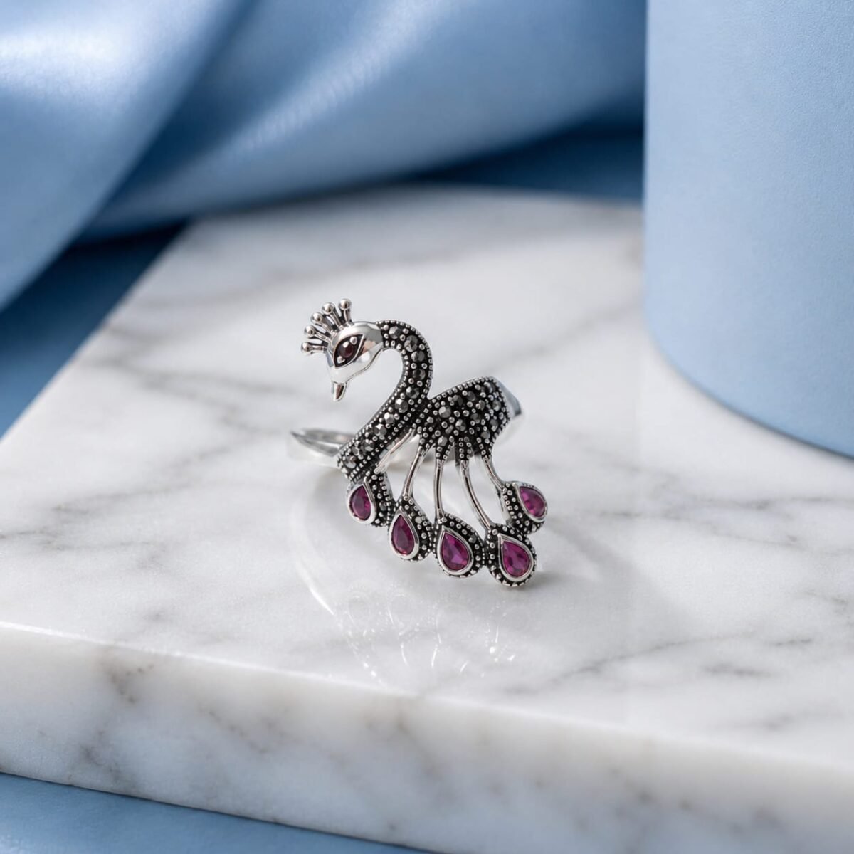 Elegant Marcasite Peacock Ring with Ruby Stone - Image 3