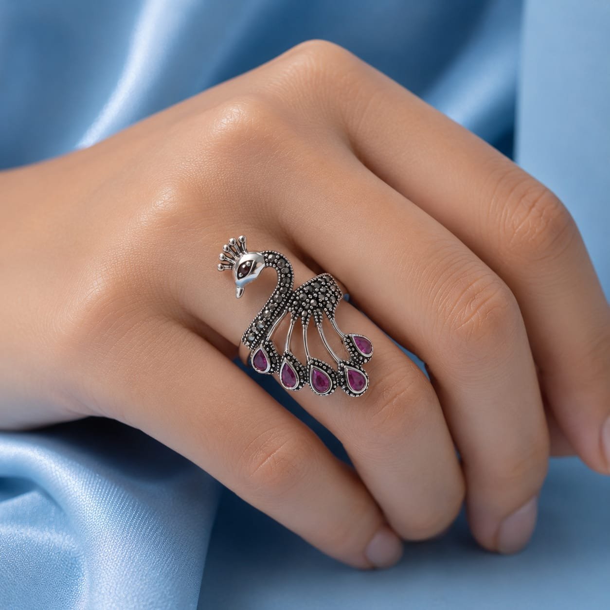 Marcasite Peacock Ring with Ruby Stone featuring elegant peacock design