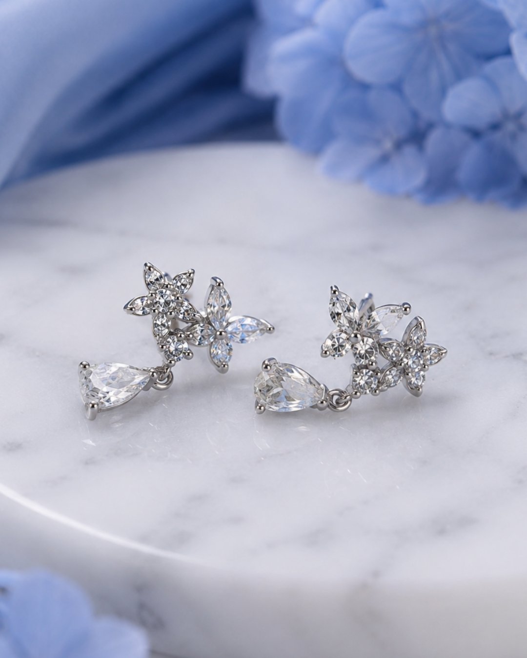 925 Silver Crystal Floral Drop Earrings A-247