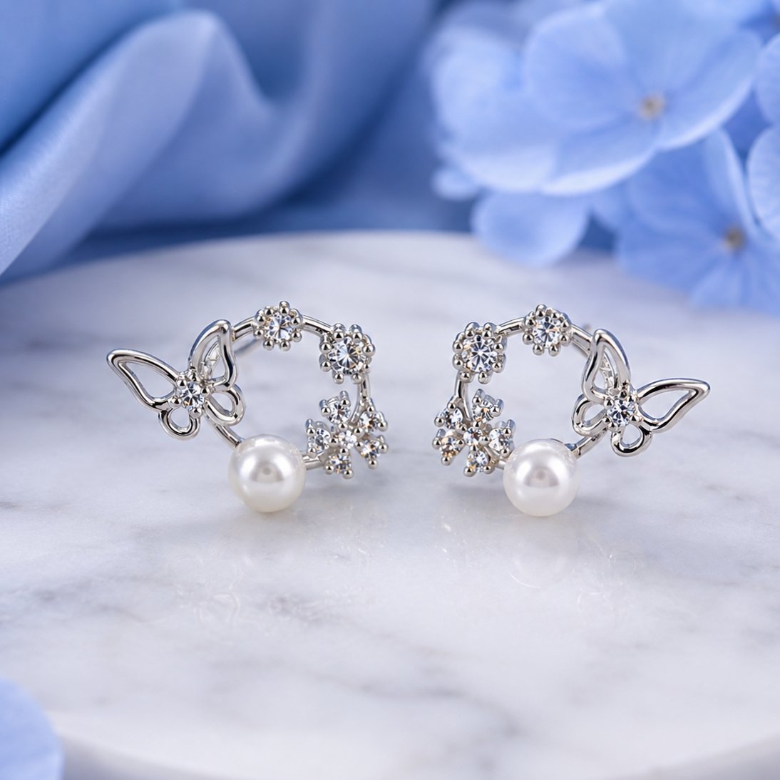 925 Silver Butterfly Pearl Floral Earrings A-248