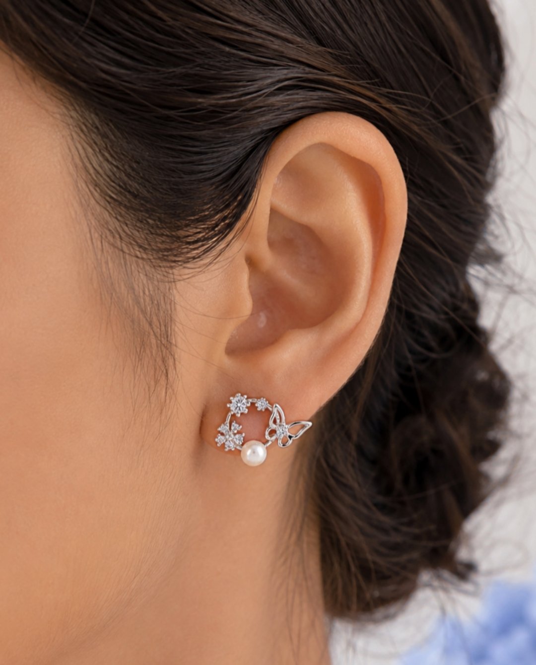 Elegant 925 Silver Butterfly Pearl Floral Earrings (A-248) - Image 2