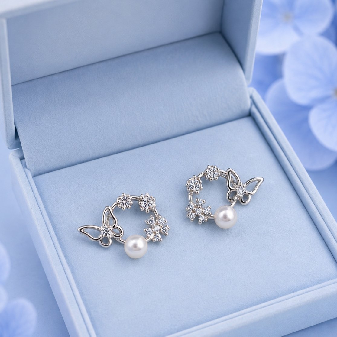 Elegant 925 Silver Butterfly Pearl Floral Earrings (A-248) - Image 3