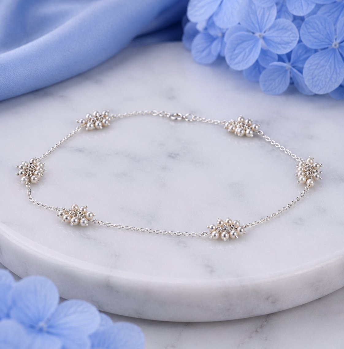 A-250 Sterling Silver Pearl Cluster Anklet | 925 Silver Anklet