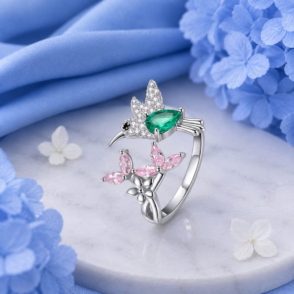 Sterling Silver Hummingbird & Pink Blossom Ring (A-251)