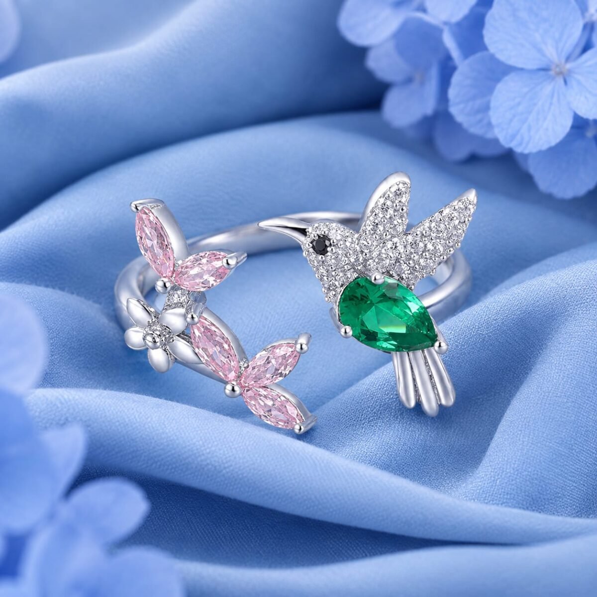 Sterling Silver Hummingbird & Pink Blossom Ring (A-251) - Image 2