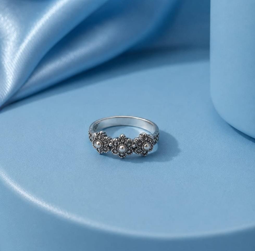 925 Sterling Silver Marcasite Floral Ring for Women | Vintage Style Silver Ring (A-264)