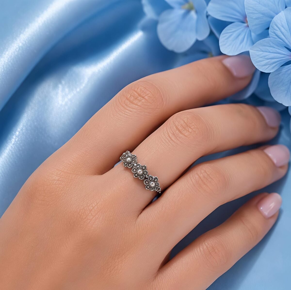 925 Sterling Silver Marcasite Floral Ring for Women | Vintage Style Silver Ring (A-264) - Image 2
