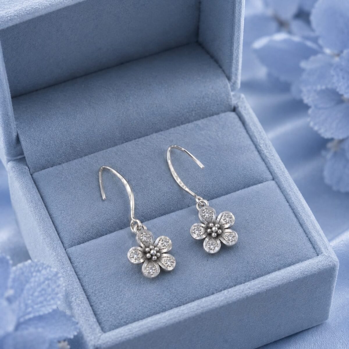 925 Sterling Silver Floral Drop Hook Earrings for Women | Vintage Flower Dangle Earrings (A-265) - Image 3